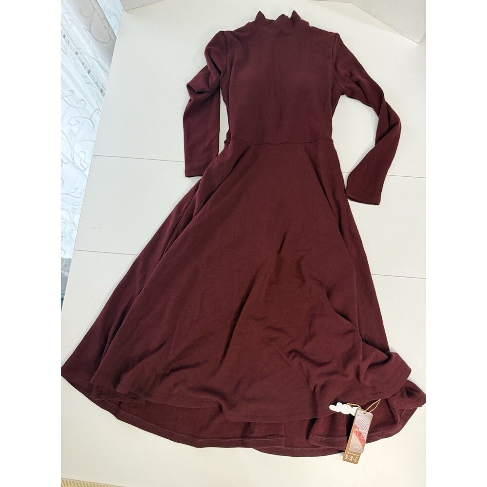 OGL Women M Burgundy Turtleneck Midi Dress Long Sleeve A-Line Knit eco mousse NW